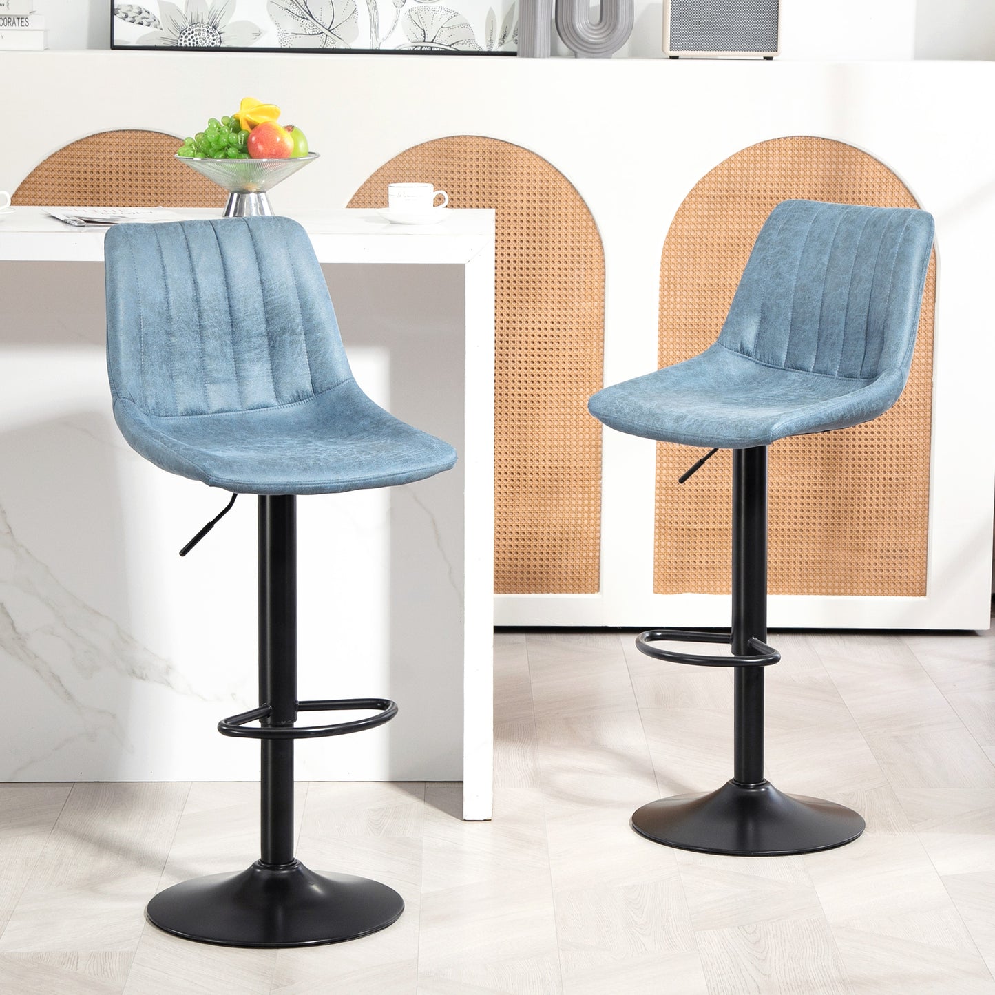 Set Of 2 Microfibre Retro Tub Bar Stools Metal Frame Footrest Seat Blue