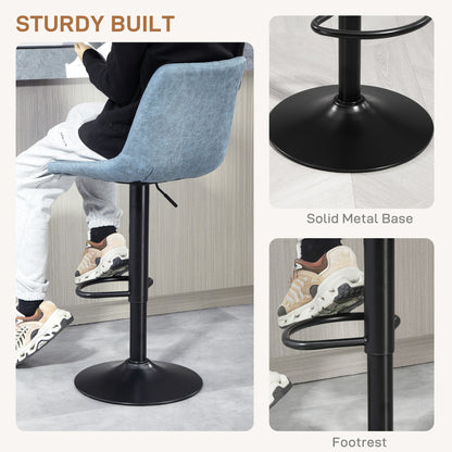 Set Of 2 Microfibre Retro Tub Bar Stools Metal Frame Footrest Seat Blue