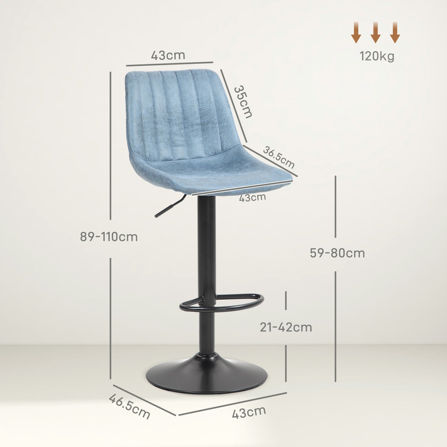 Set Of 2 Microfibre Retro Tub Bar Stools Metal Frame Footrest Seat Blue