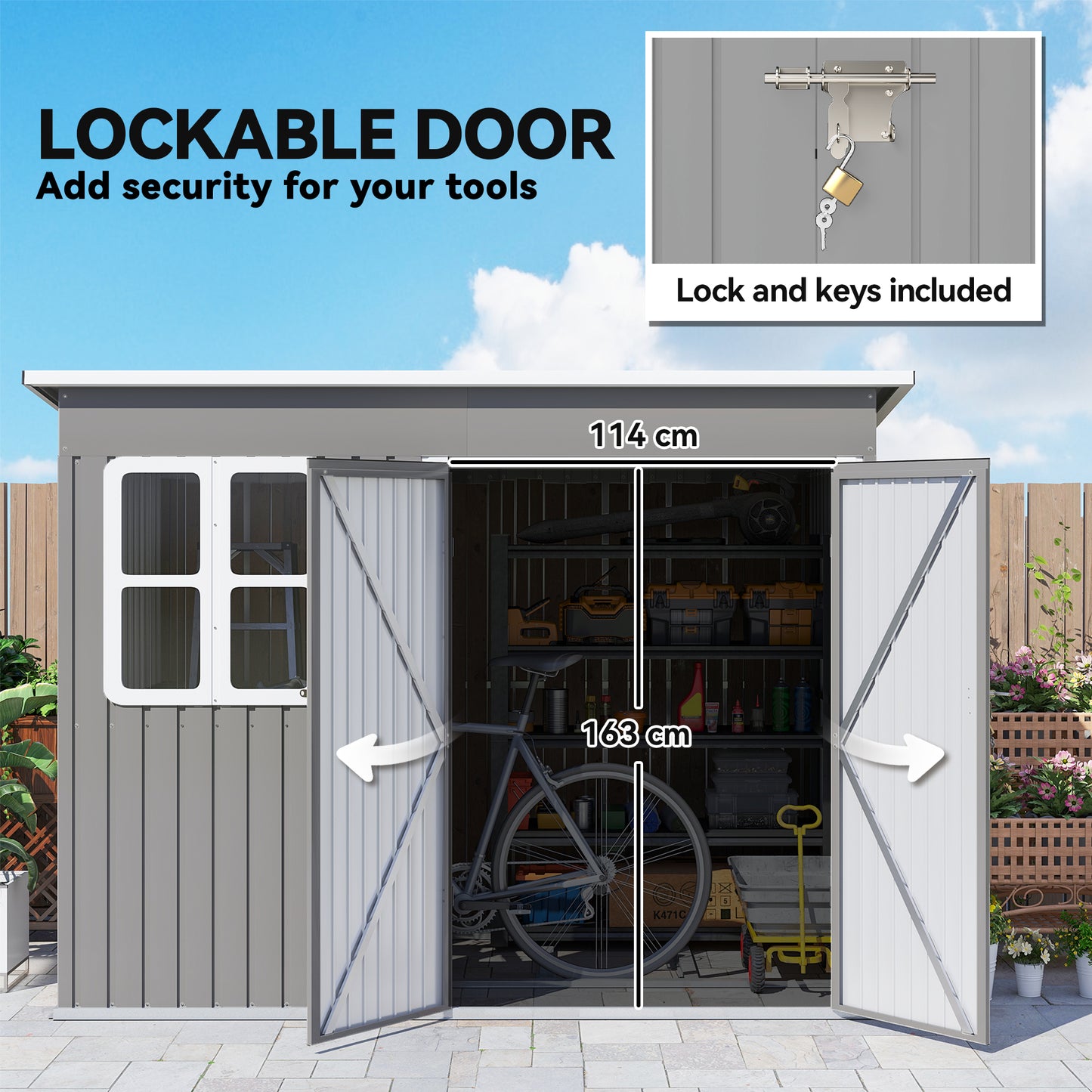 8.5 x 6ft Galvanised Steel Garden Shed with Foundation Kit, Grey