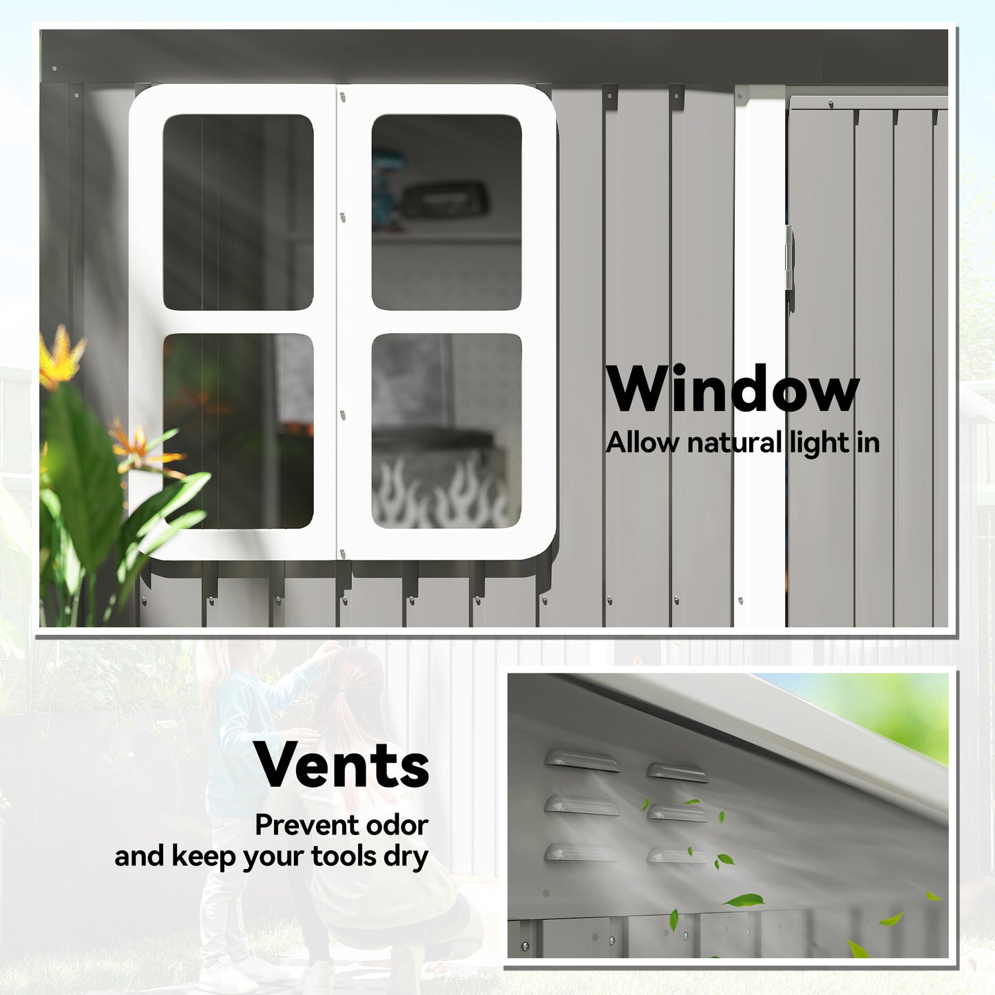 8.5 x 6ft Galvanised Steel Garden Shed with Foundation Kit, Grey