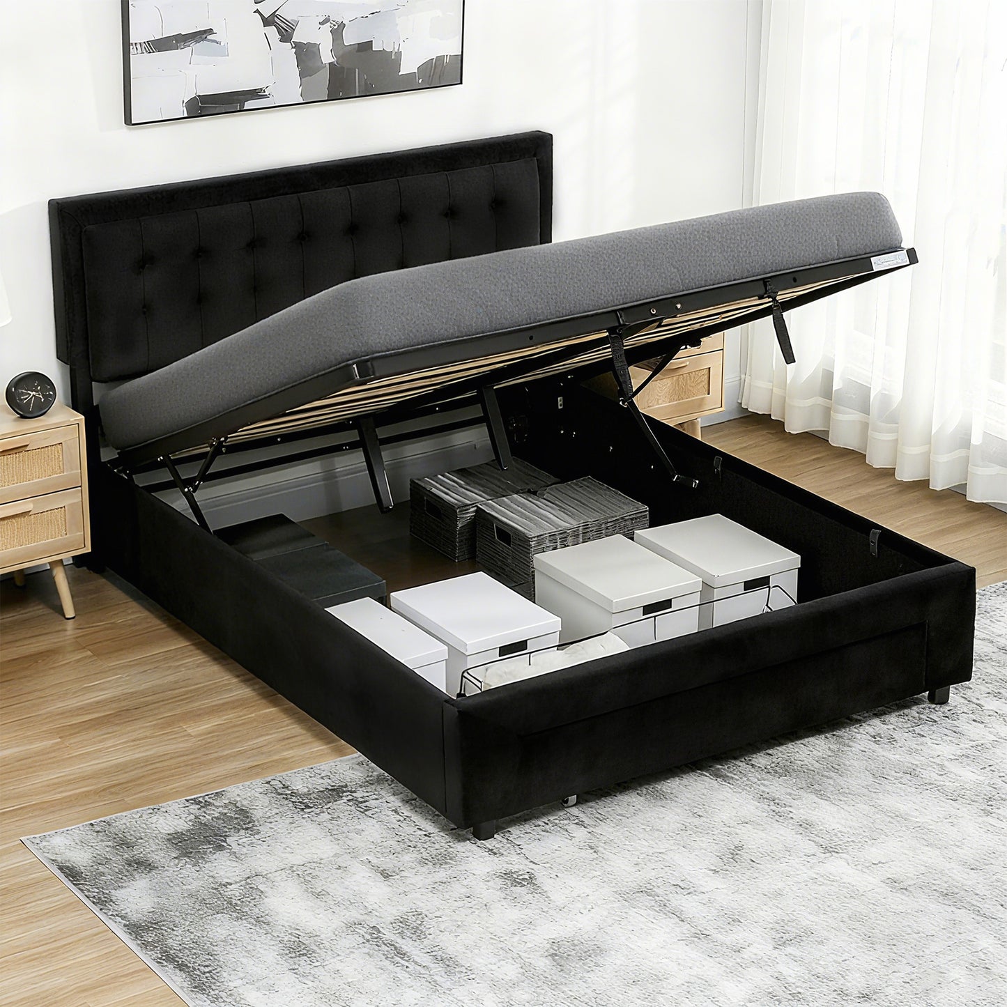 King Size Bed Frame with Storage and Adjustable Headboard, Black
