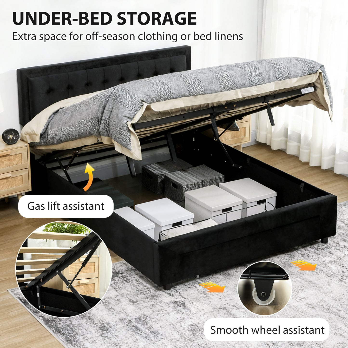 King Size Bed Frame with Storage and Adjustable Headboard, Black