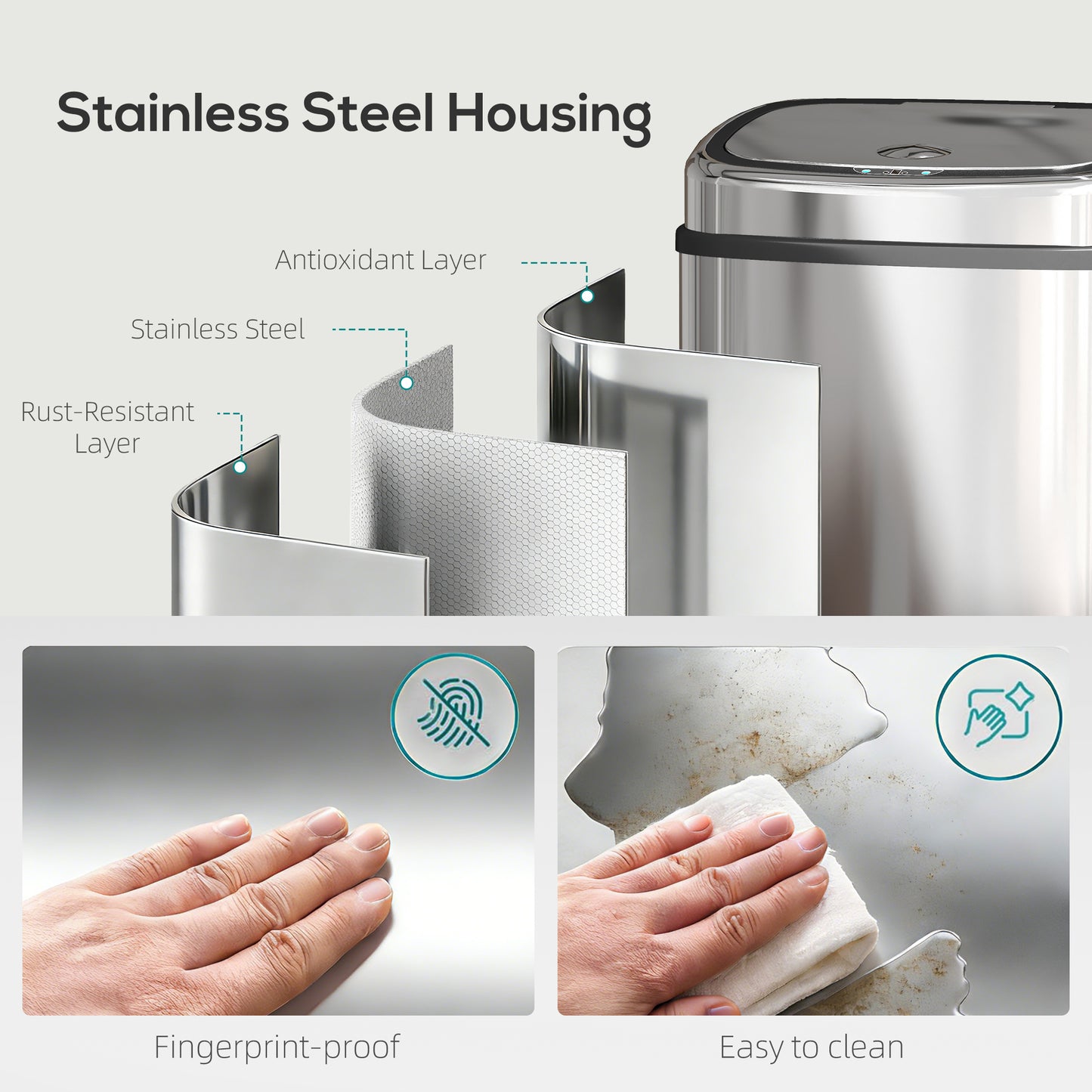 50L Sensor Bin, Stainless Steel Kitchen Bin with Automatic Close