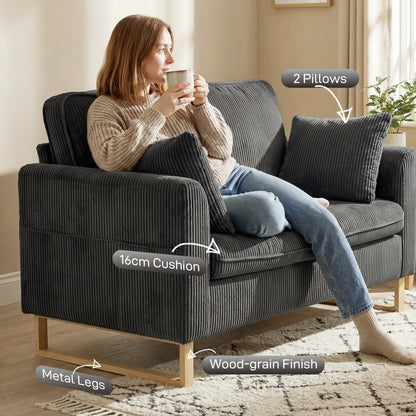 2 Seater Sofa, Corduroy Sofa w/ Spring Cushions 2 Pillows, Dark Grey