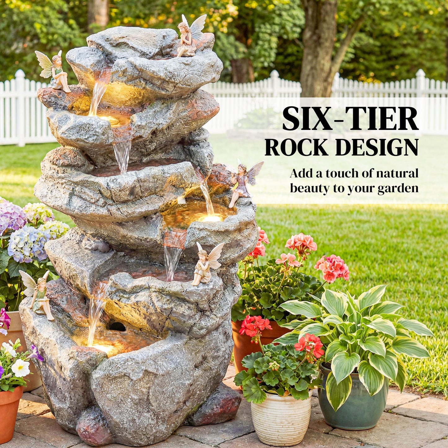 Outdoor Water Fountain with 6-Tier Rock Style, LED Lights, Grey