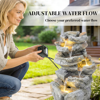 Outdoor Water Fountain with 6-Tier Rock Style, LED Lights, Grey