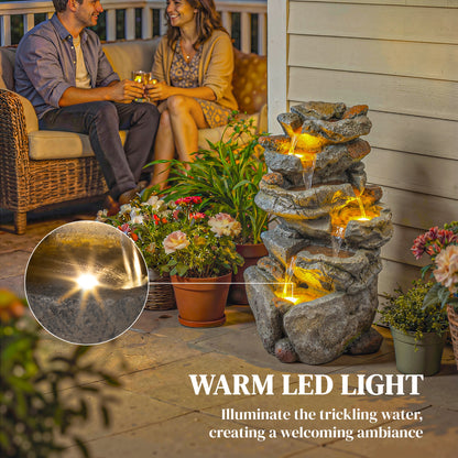 Outdoor Water Fountain with 6-Tier Rock Style, LED Lights, Grey