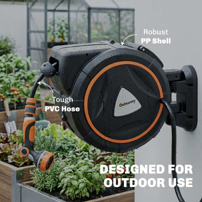 Retractable Hose Reel Wall Mounted, 23+2m Garden Hose Pipe Reel with Auto Retraction, Self-Locking, Slow Return System, 180° Swivel Bracket, 12-Pattern Nozzles and Faucet Adaptor, Orange