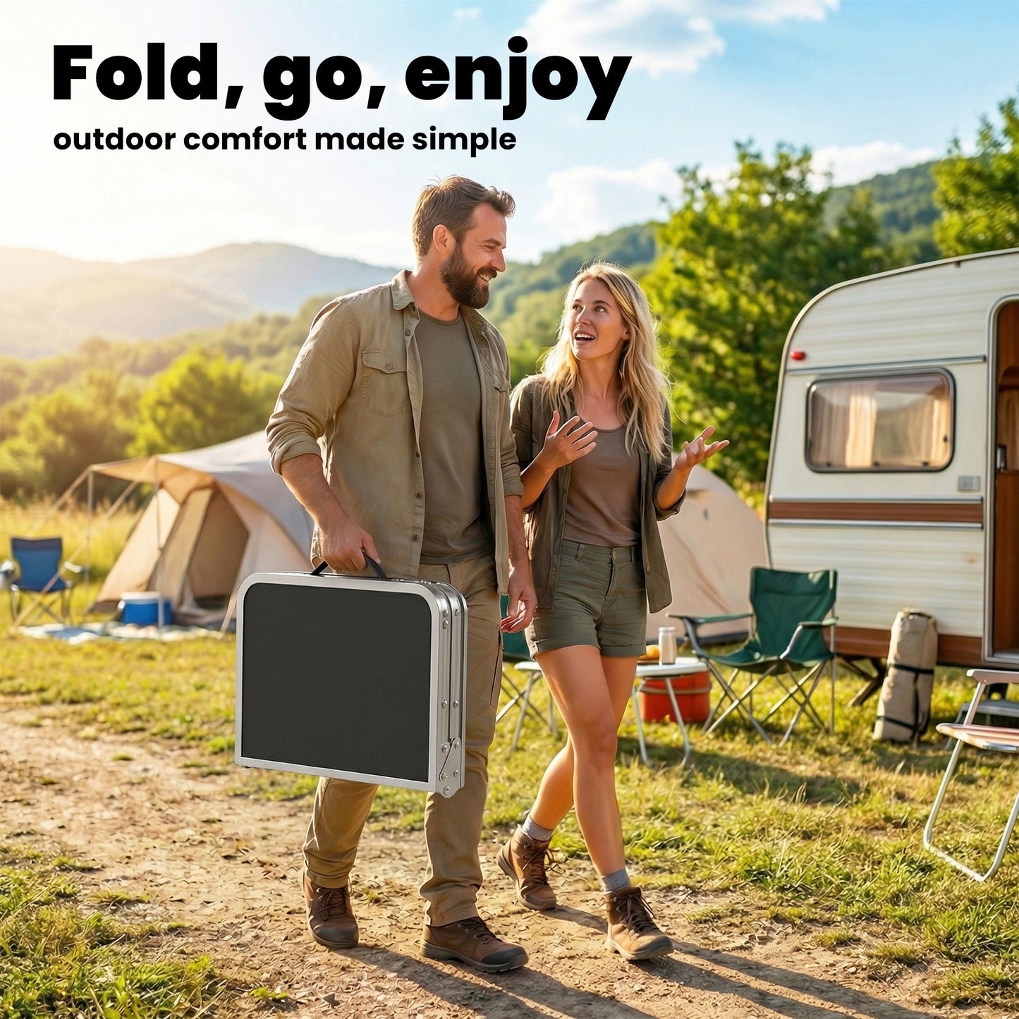 2ft Folding Camping Table, Picnic Table with Storage Layer, Black