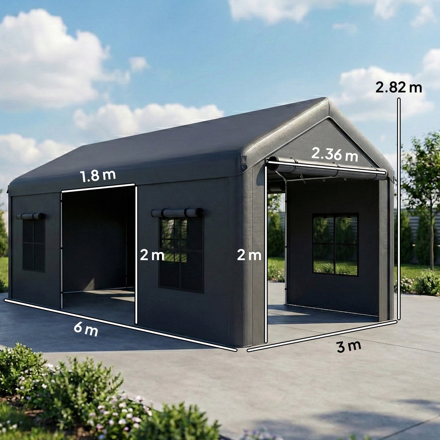 3 x 6 m Heavy Duty Carport, Portable Garage with 3 Doors, Dark Grey