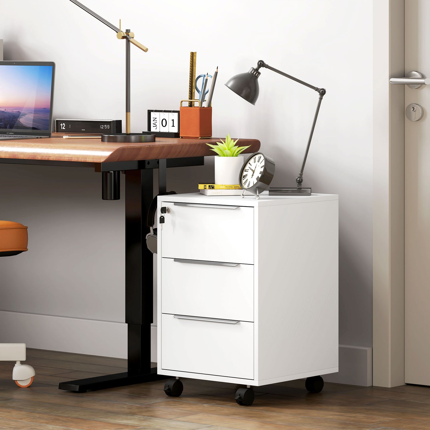 Modern 3-Drawer Locking File Cabinet Mobile Filing Cabinet White
