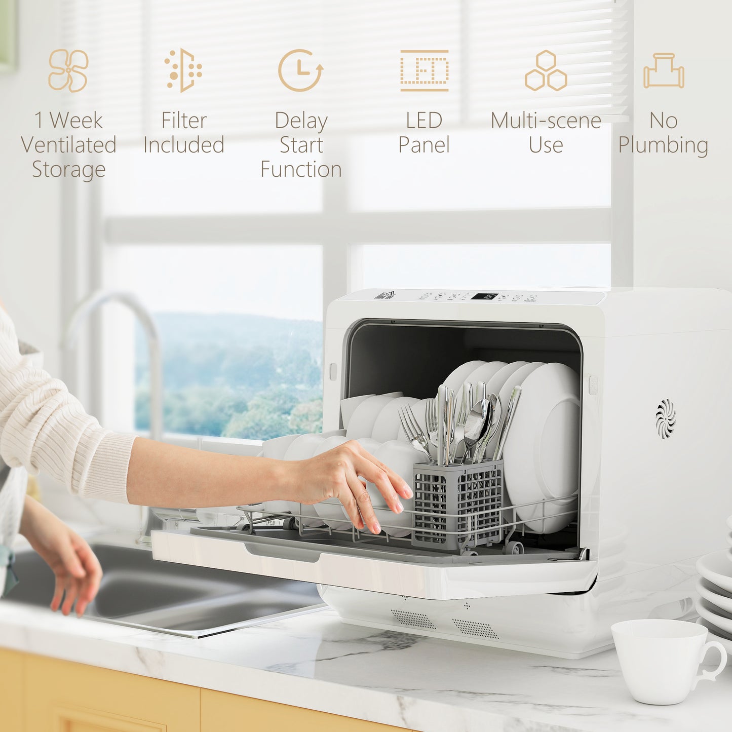 Worktop Dishwasher w/ 4 Place Settings 6 Programs, White