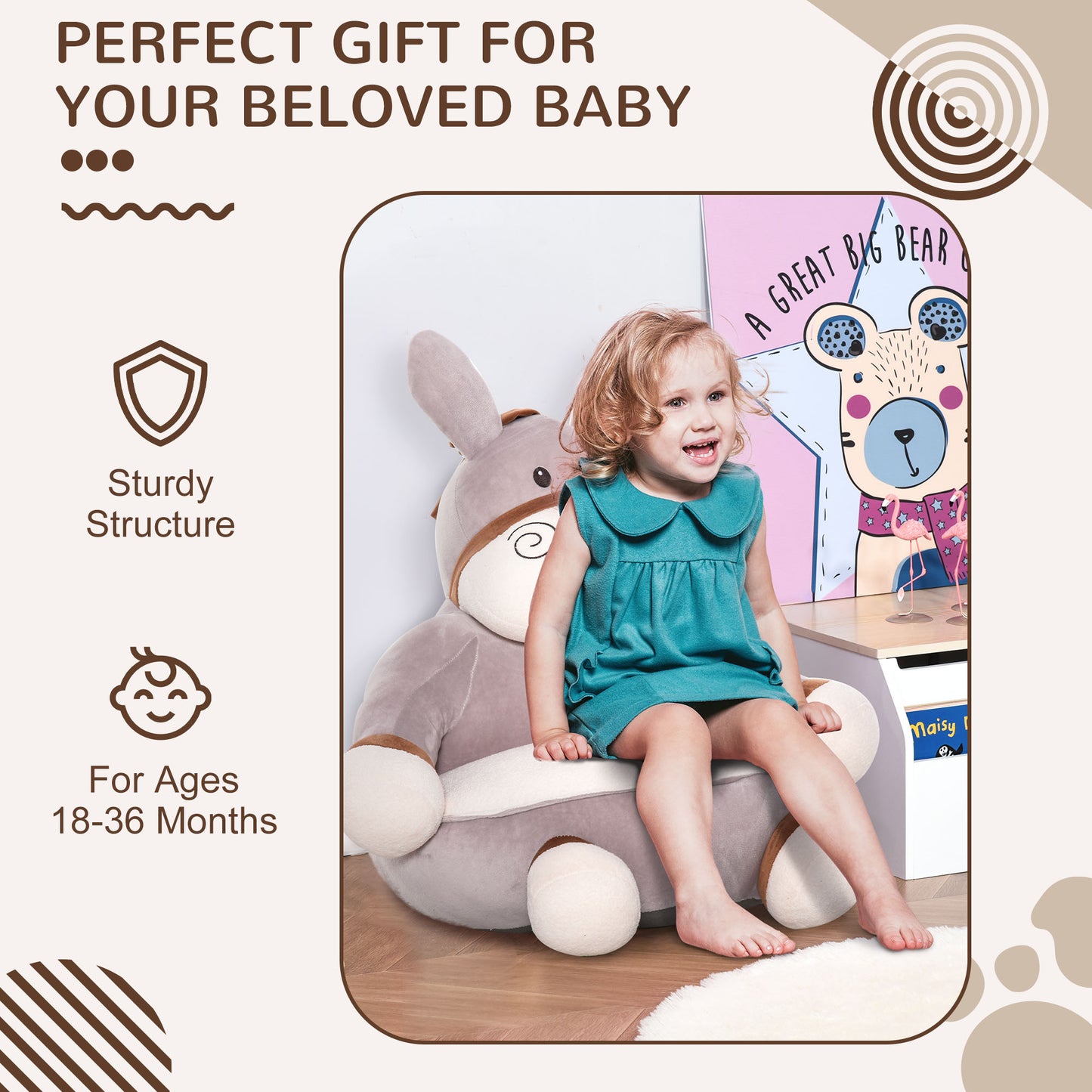 Animal Kids Sofa Chair Cartoon Donkey with Armrest 60 x 55 x 60cm Grey