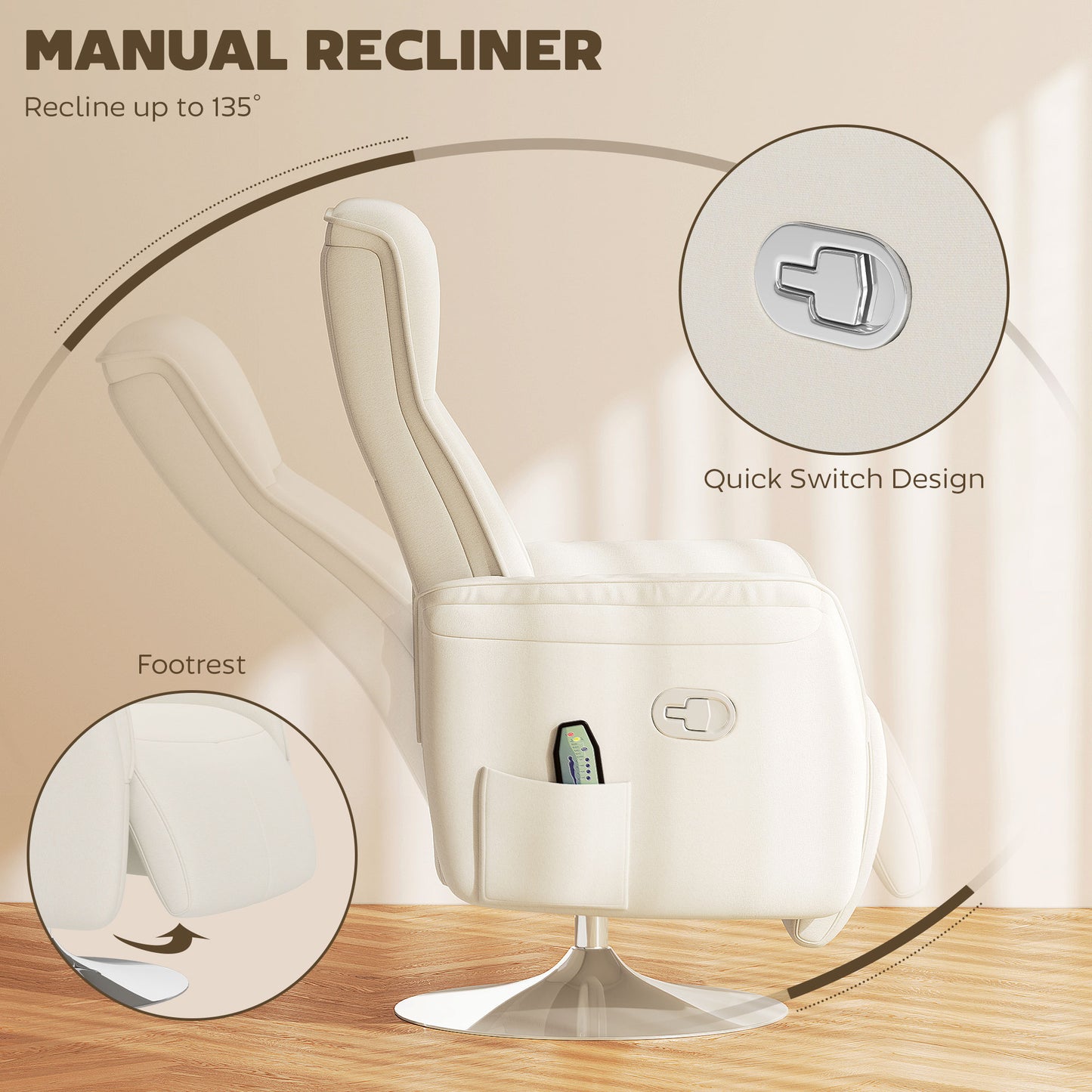 Massage Reclining Chair with Adjustable Backrest, Cream White