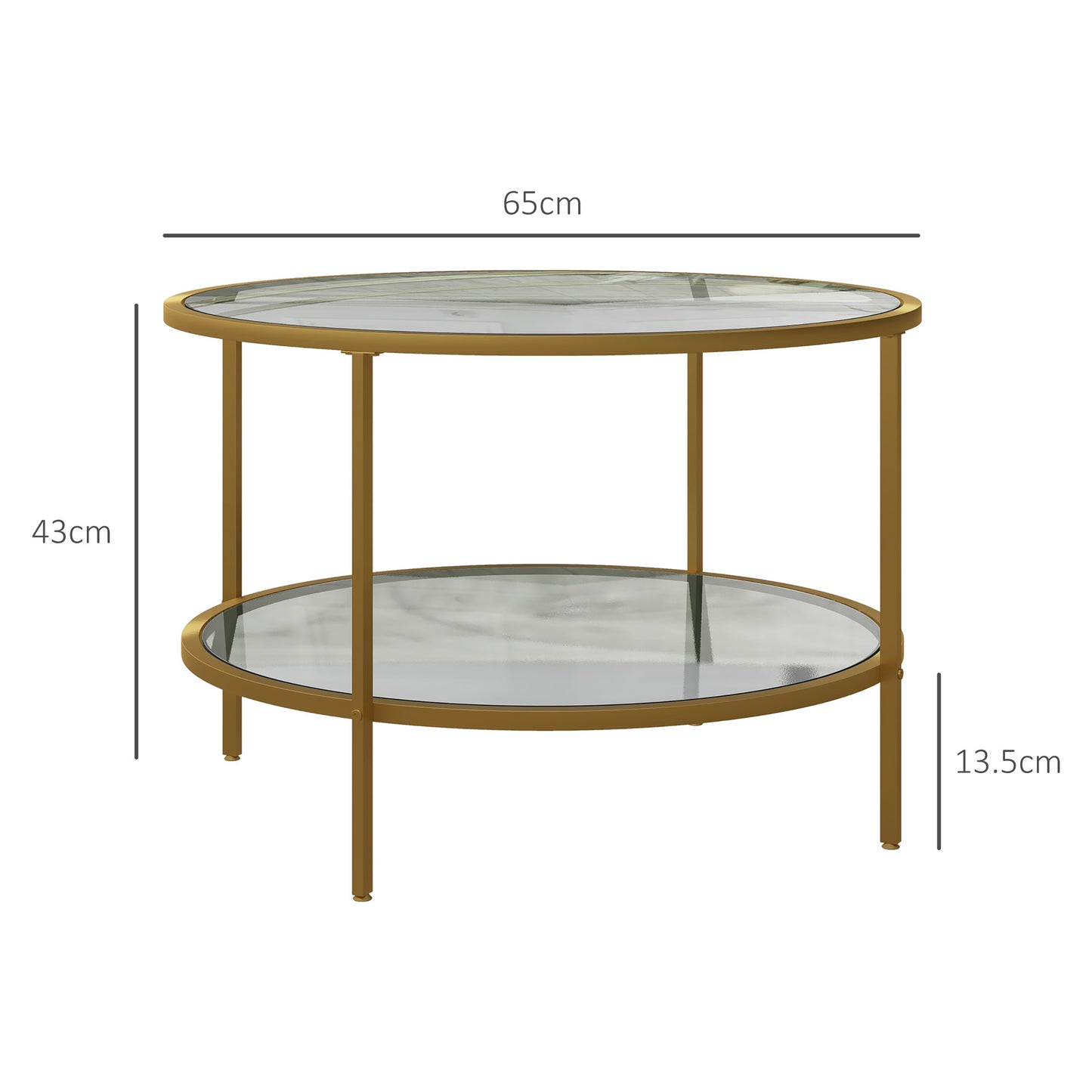 Round Coffee Table with Storage Shelf and Tempered Glass Top, Gold