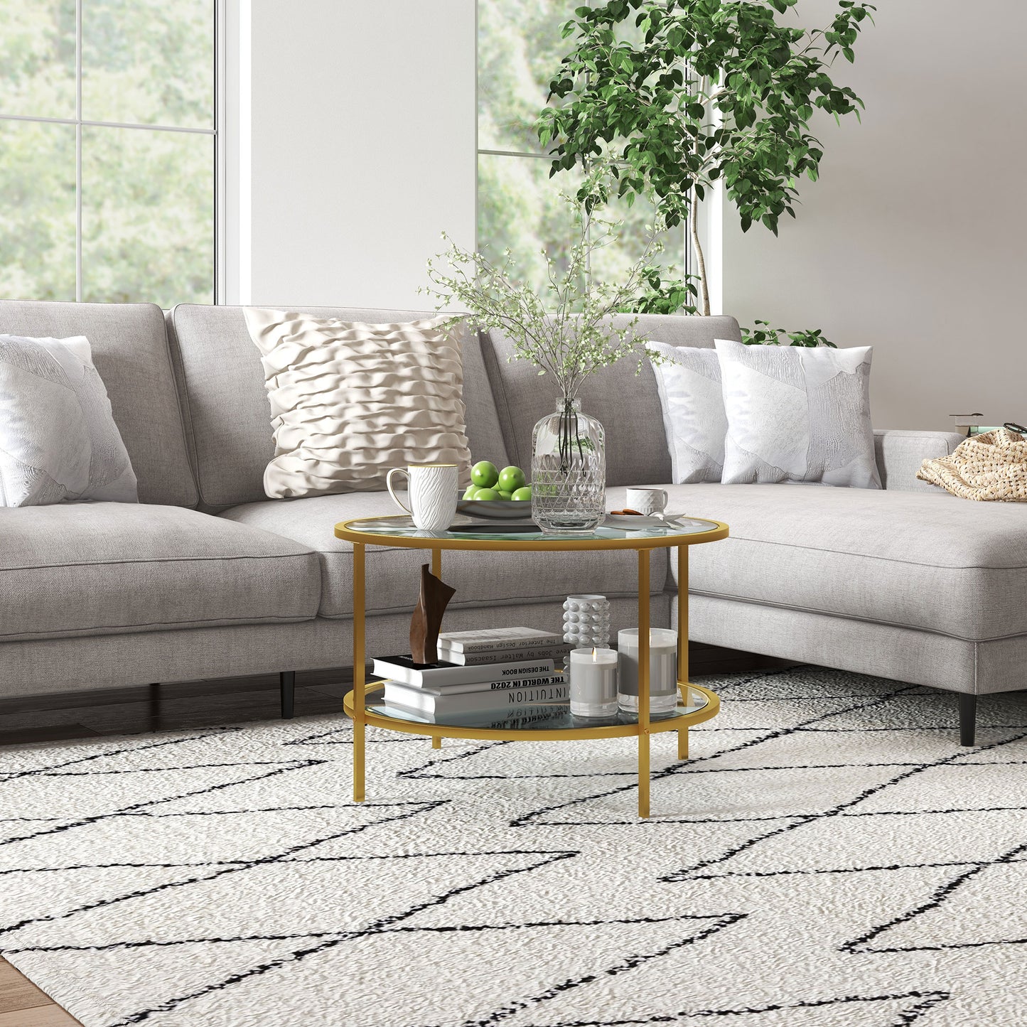 Round Coffee Table with Storage Shelf and Tempered Glass Top, Gold