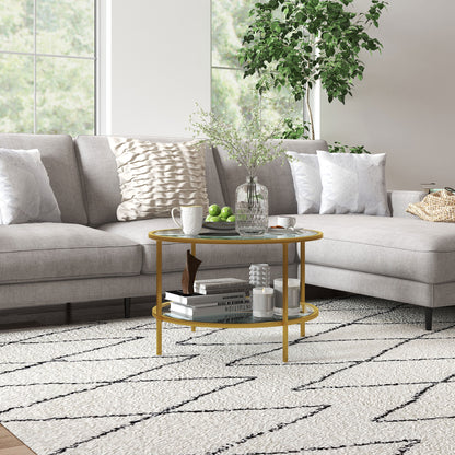 Round Coffee Table with Storage Shelf and Tempered Glass Top, Gold