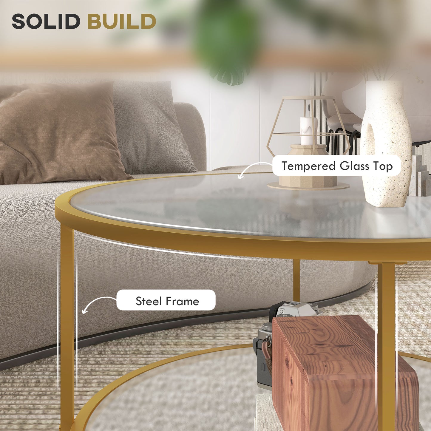 Round Coffee Table with Storage Shelf and Tempered Glass Top, Gold