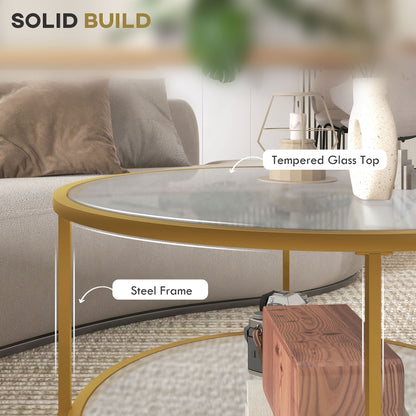 Round Coffee Table with Storage Shelf and Tempered Glass Top, Gold