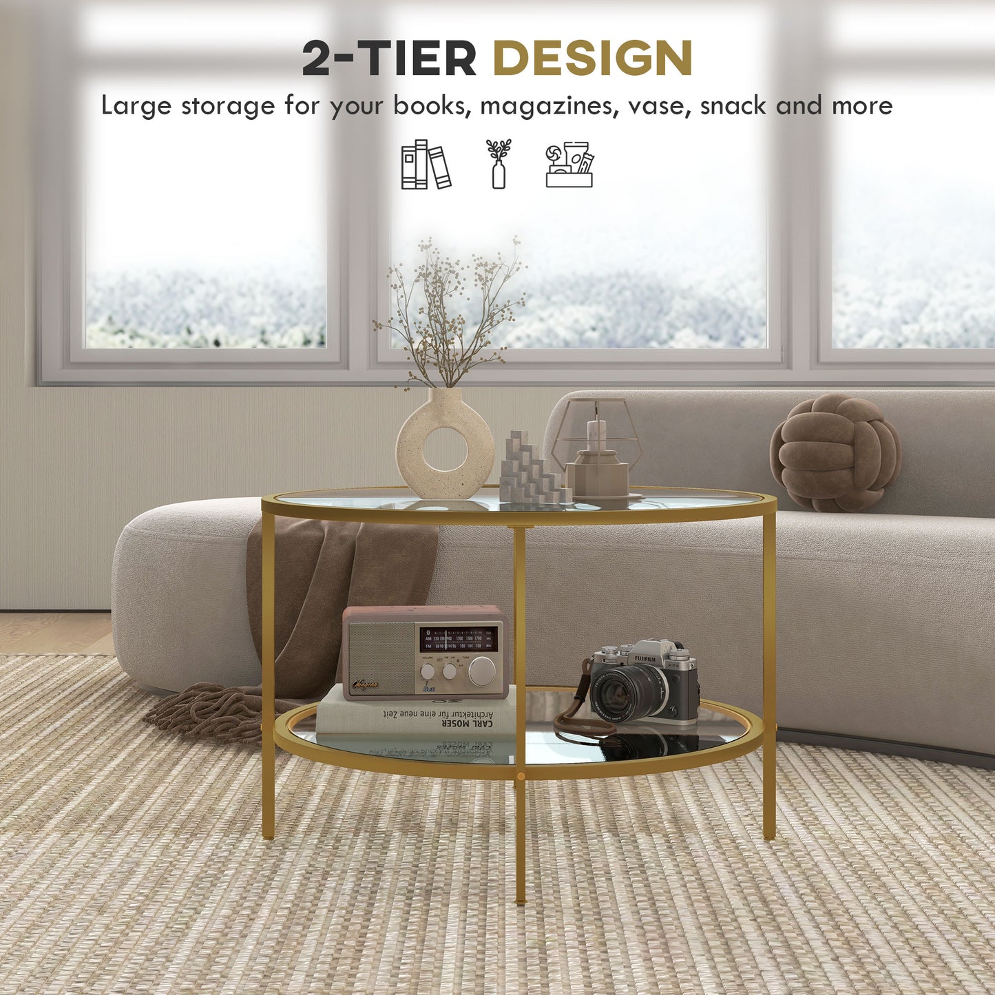 Round Coffee Table with Storage Shelf and Tempered Glass Top, Gold