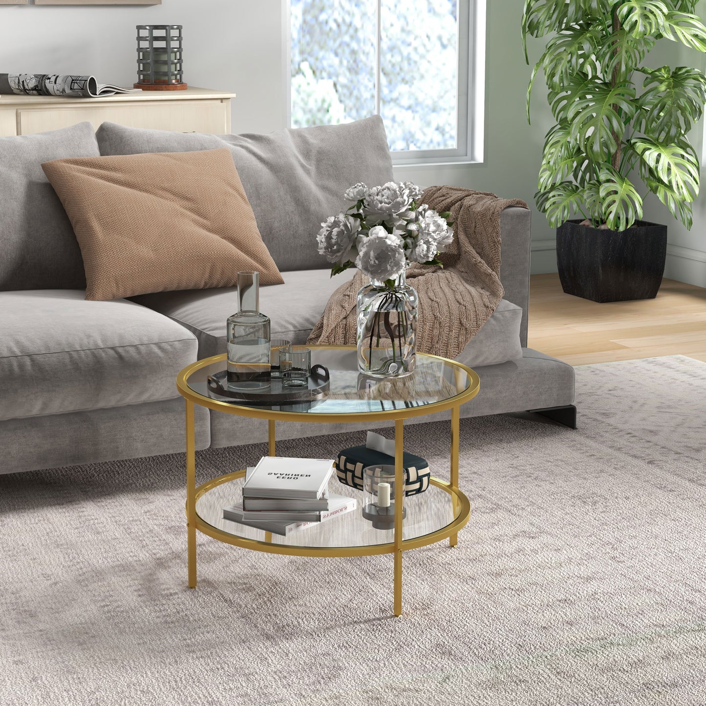 Round Coffee Table with Storage Shelf and Tempered Glass Top, Gold
