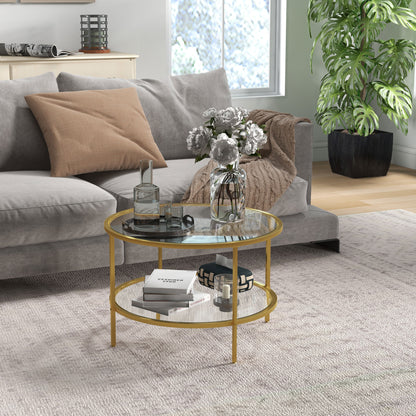 Round Coffee Table with Storage Shelf and Tempered Glass Top, Gold