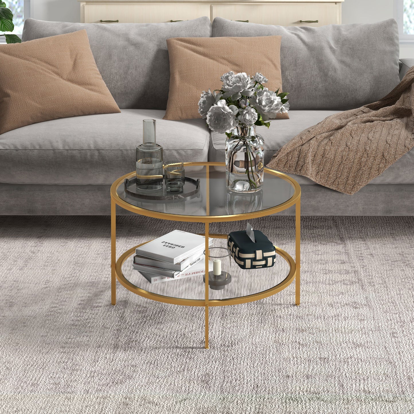 Round Coffee Table with Storage Shelf and Tempered Glass Top, Gold