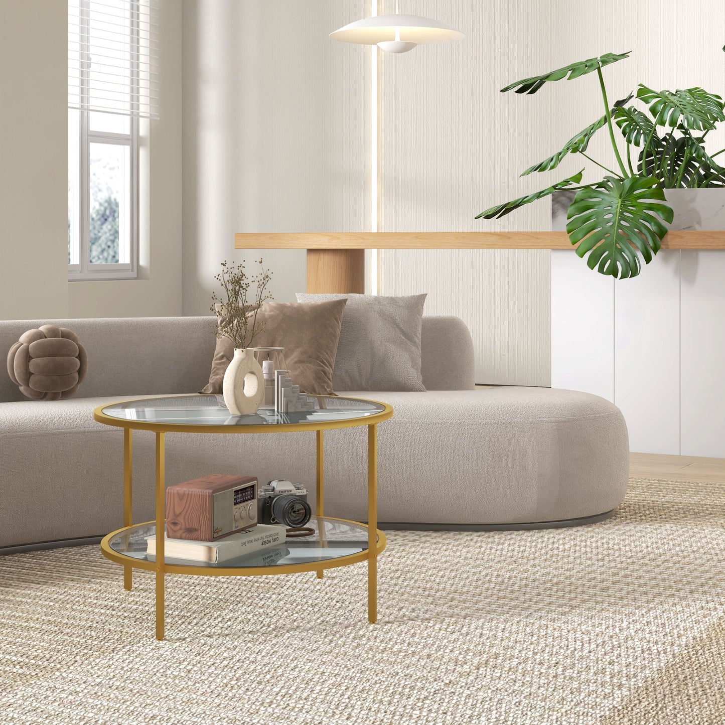 Round Coffee Table with Storage Shelf and Tempered Glass Top, Gold