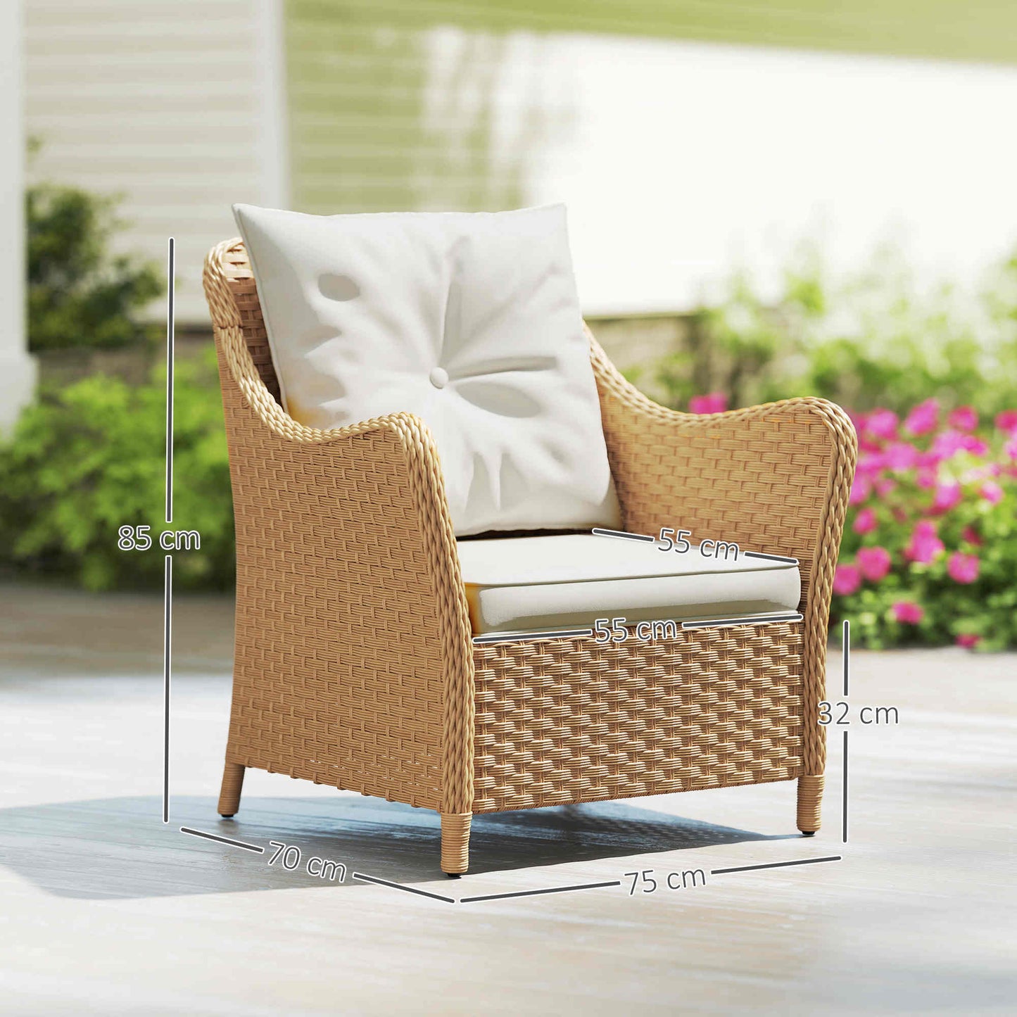 2 Pieces Rattan Garden Chairs, Cushioned Rattan Chairs, Beige