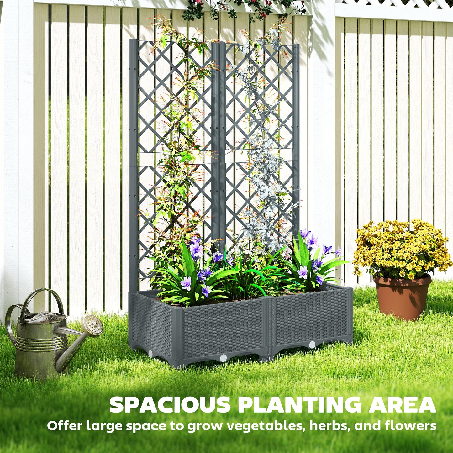 Plastic Planter Box with Trellis, Vegetable Planter w/ Drain Plugs