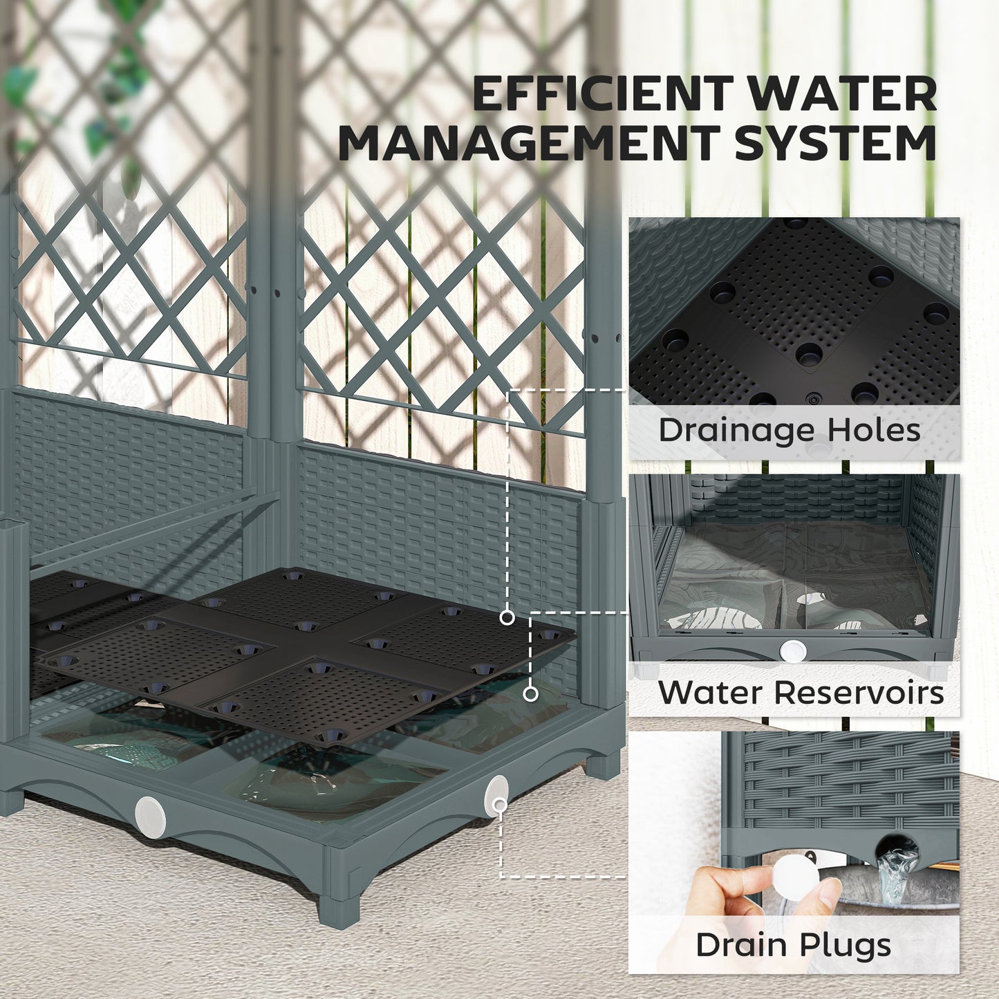 Plastic Planter Box with Trellis, Vegetable Planter w/ Drain Plugs