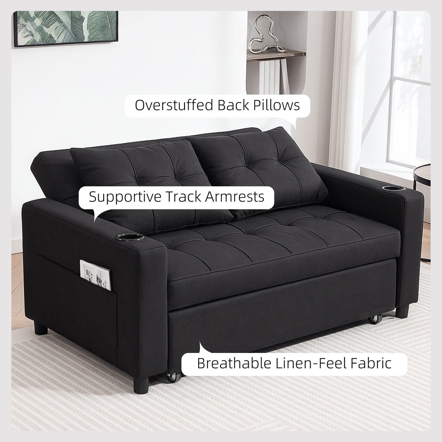 2 Seater Pull Out Sofa Bed with Pockets for Living Room Black