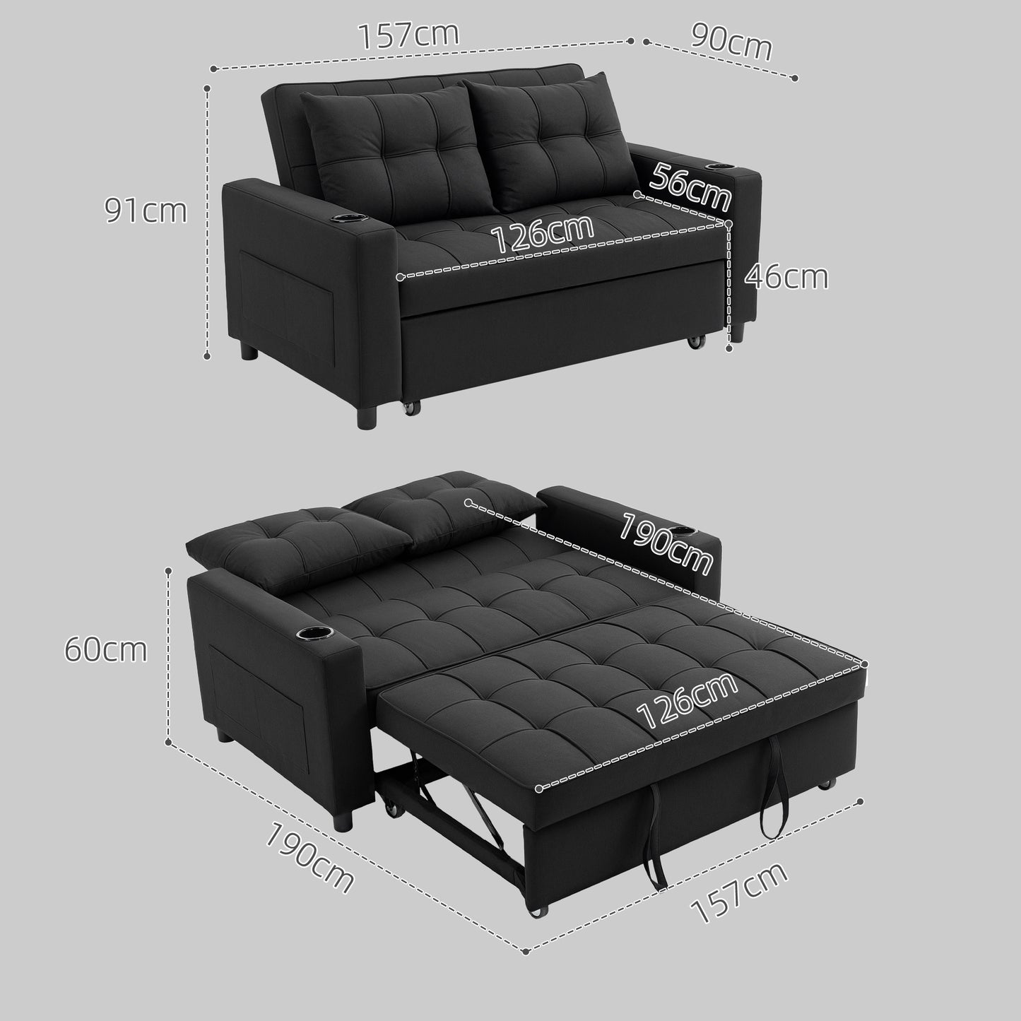 2 Seater Pull Out Sofa Bed with Pockets for Living Room Black