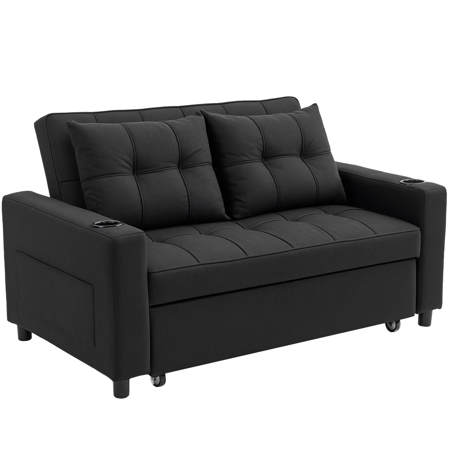 2 Seater Pull Out Sofa Bed with Pockets for Living Room Black