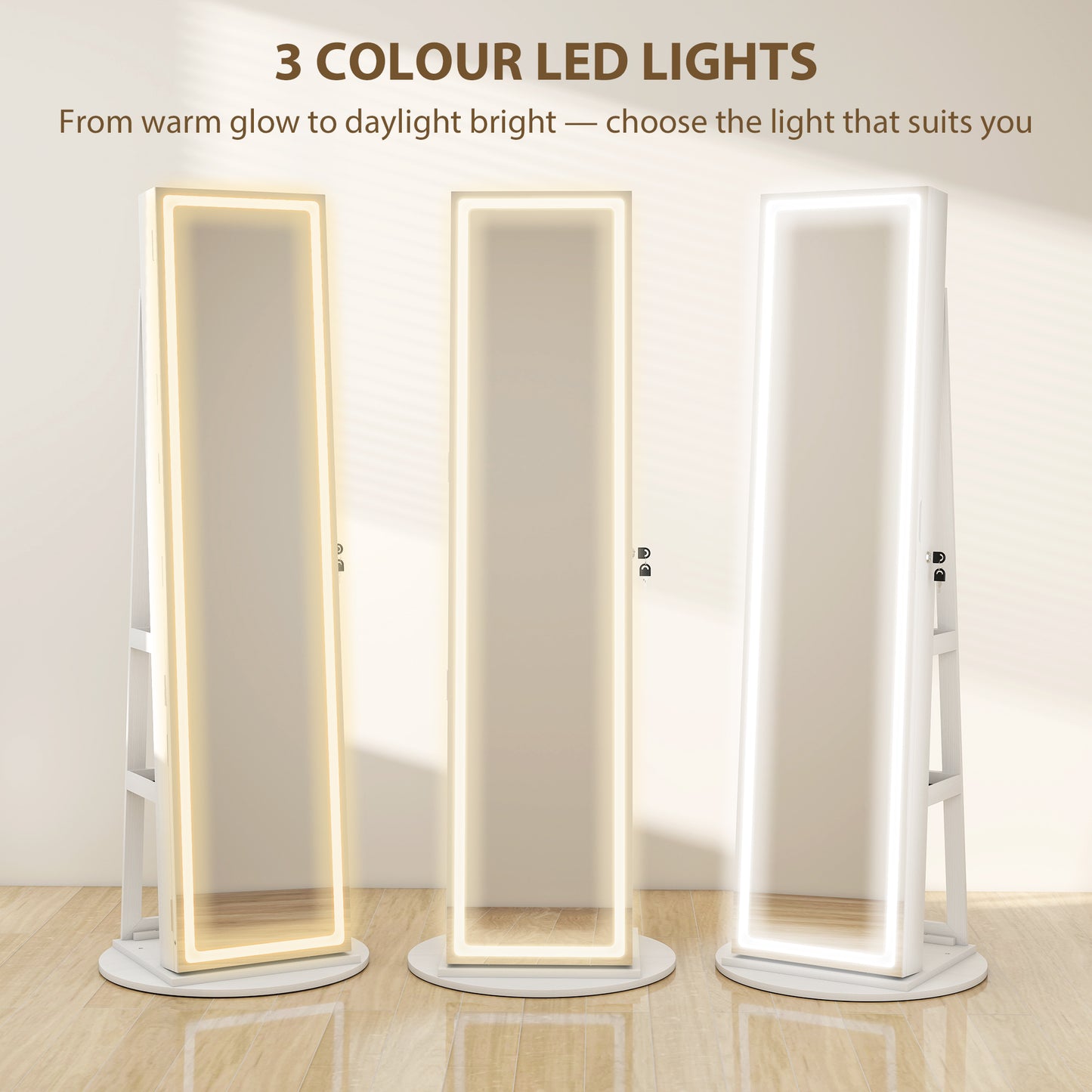 360° Swivel Jewellery Cabinet, Full Length Mirror with Storage, White