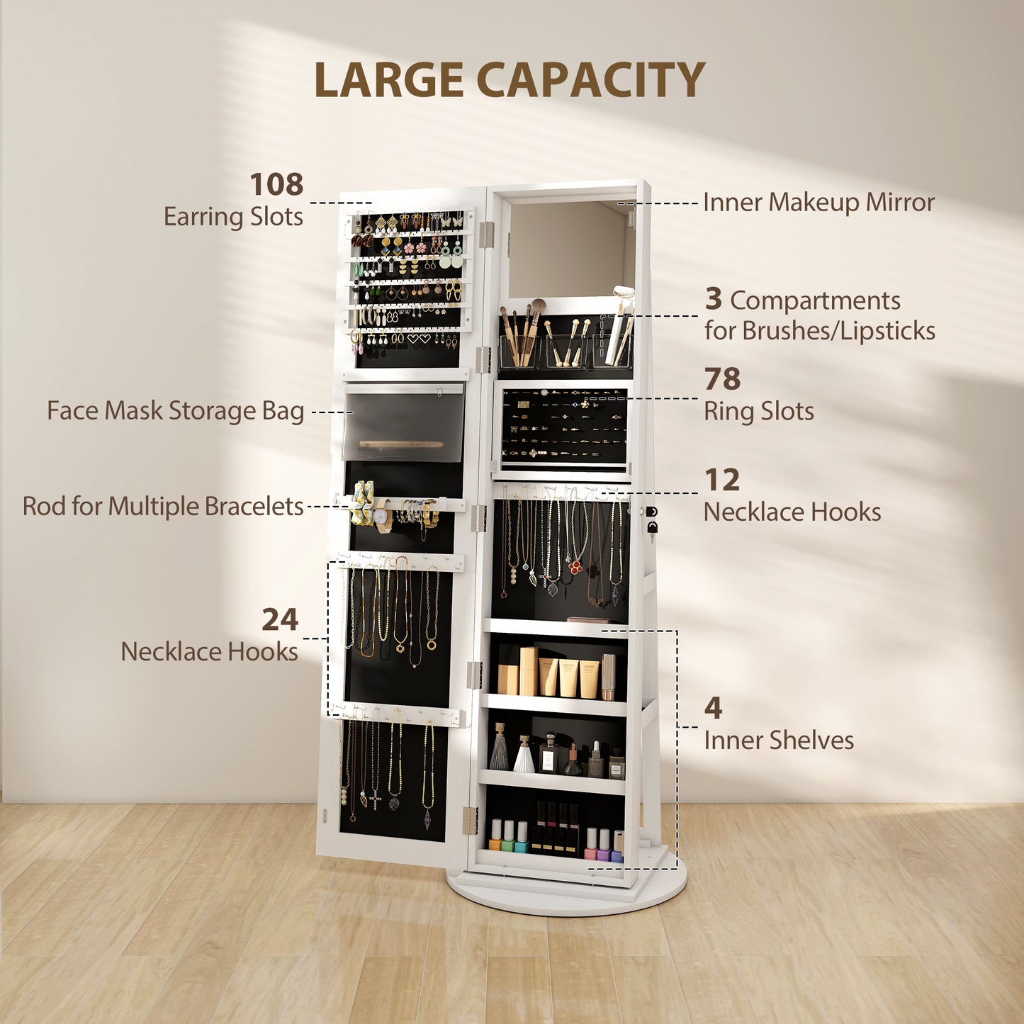 360° Swivel Jewellery Cabinet, Full Length Mirror with Storage, White