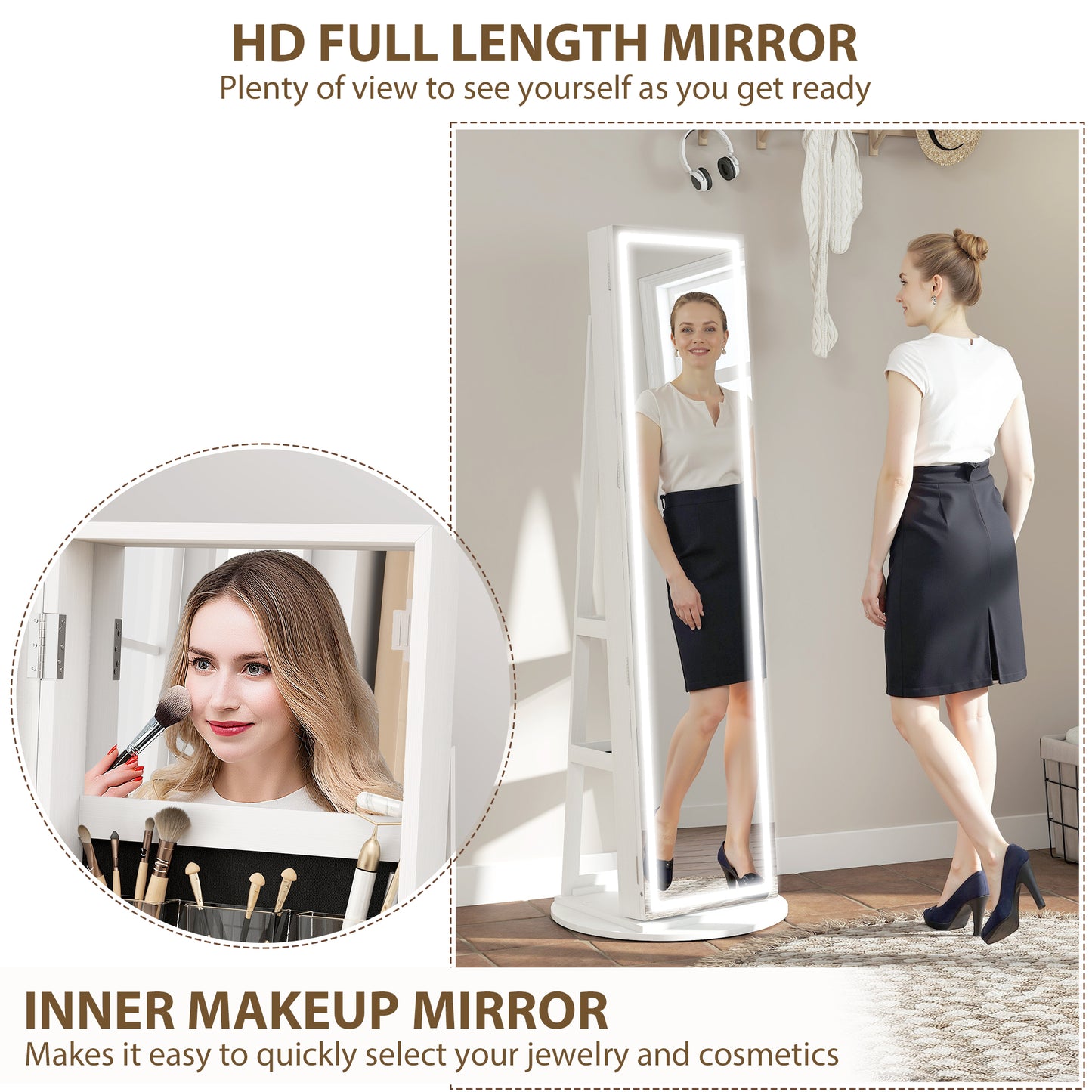 360° Swivel Jewellery Cabinet, Full Length Mirror with Storage, White
