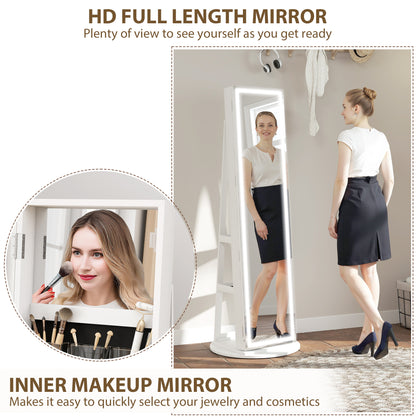 360° Swivel Jewellery Cabinet, Full Length Mirror with Storage, White