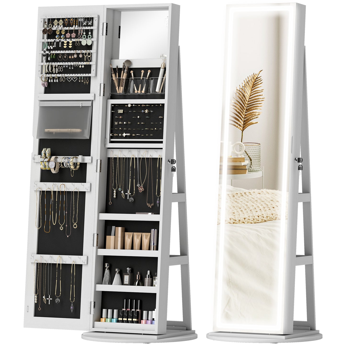 360° Swivel Jewellery Cabinet, Full Length Mirror with Storage, White