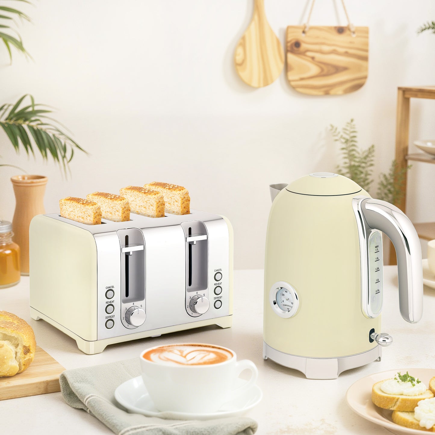 3000W 1.7L Kettle with Retro Thermometer, 4 Slice Toaster Set, Cream