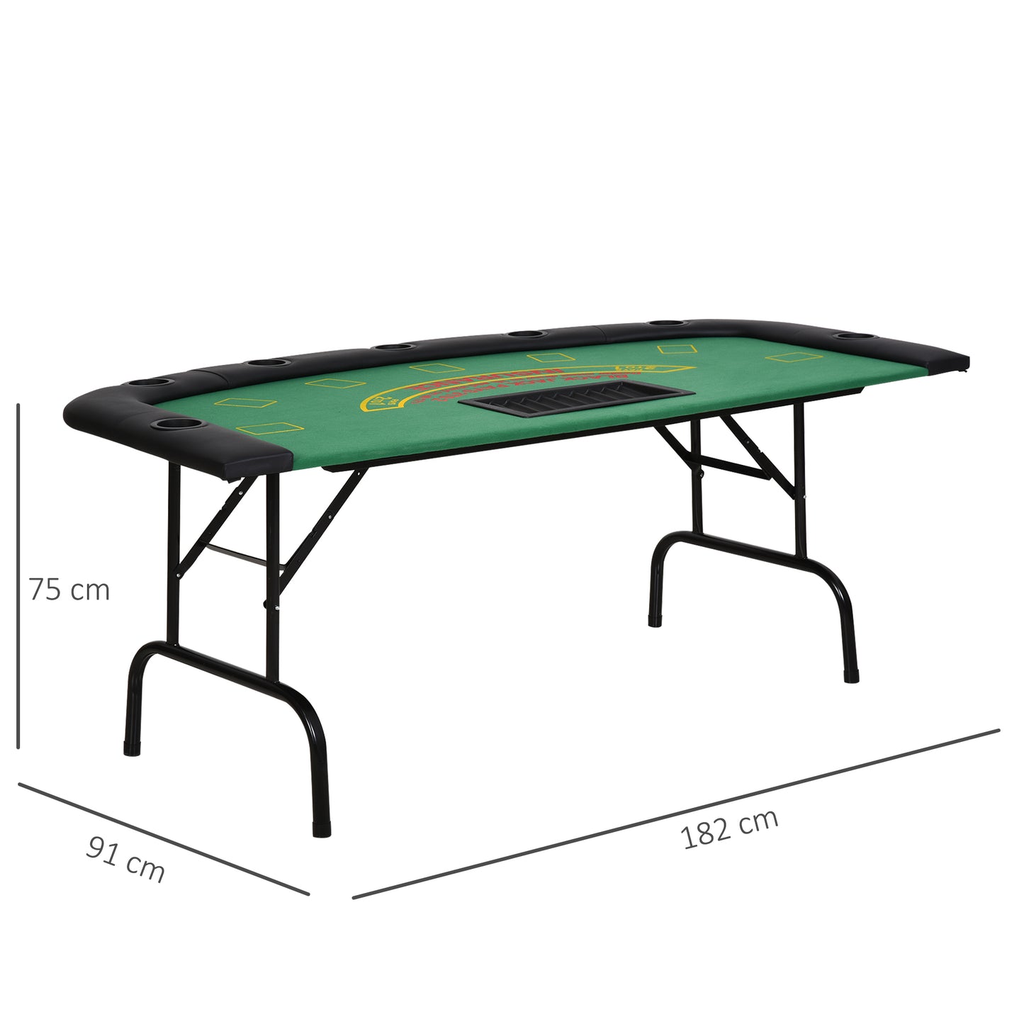 7 Player Poker Table, 182 cm Folding Blackjack Table with Chip Tray, Cup Holders, Padded Rails, Portable Half-shape Card Game Tables with Felt Top and Metal Base, Green