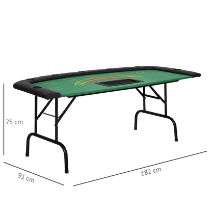 7 Player Poker Table, 182 cm Folding Blackjack Table with Chip Tray, Cup Holders, Padded Rails, Portable Half-shape Card Game Tables with Felt Top and Metal Base, Green