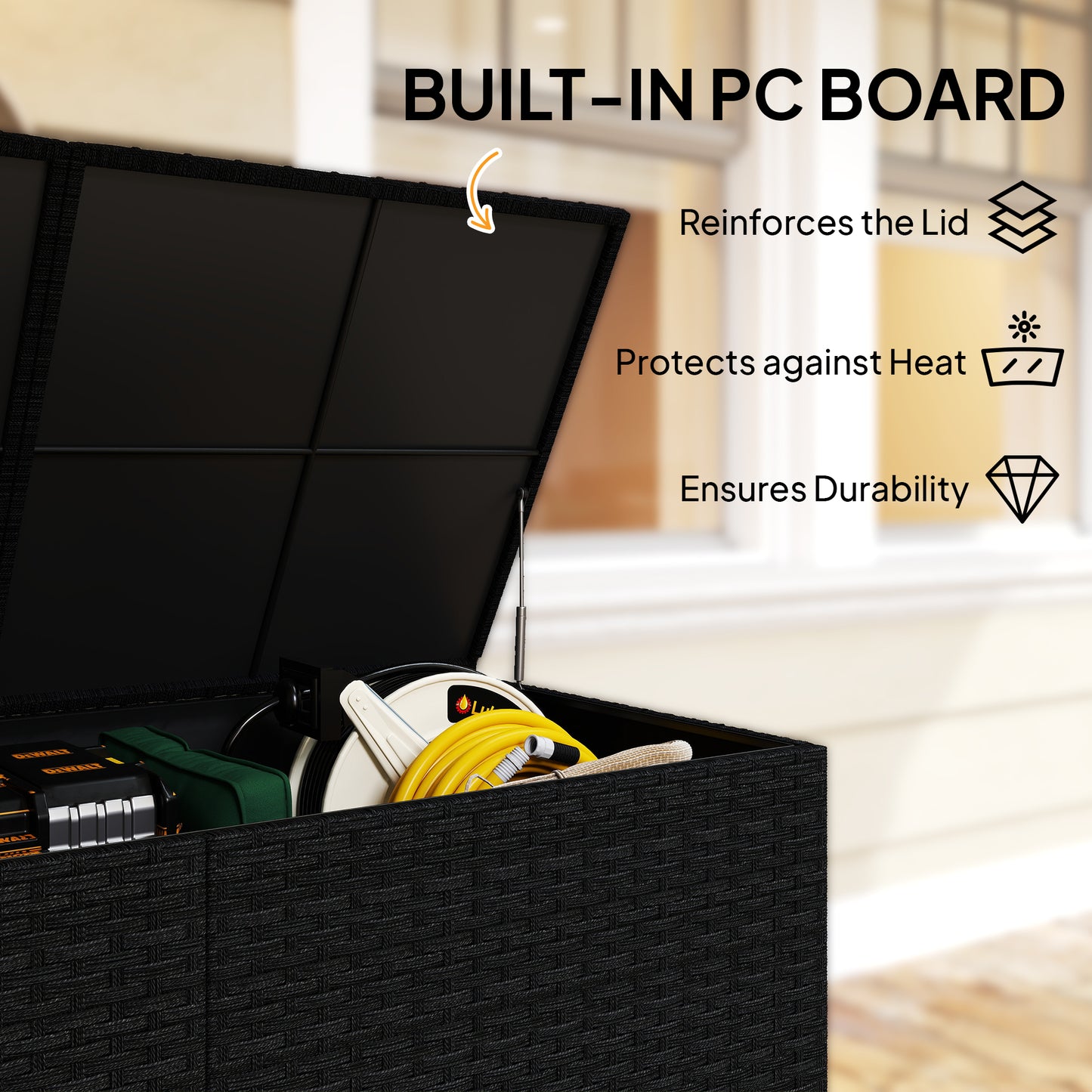 650L Garden Storage Box with Wheels, Waterproof Liner, Black