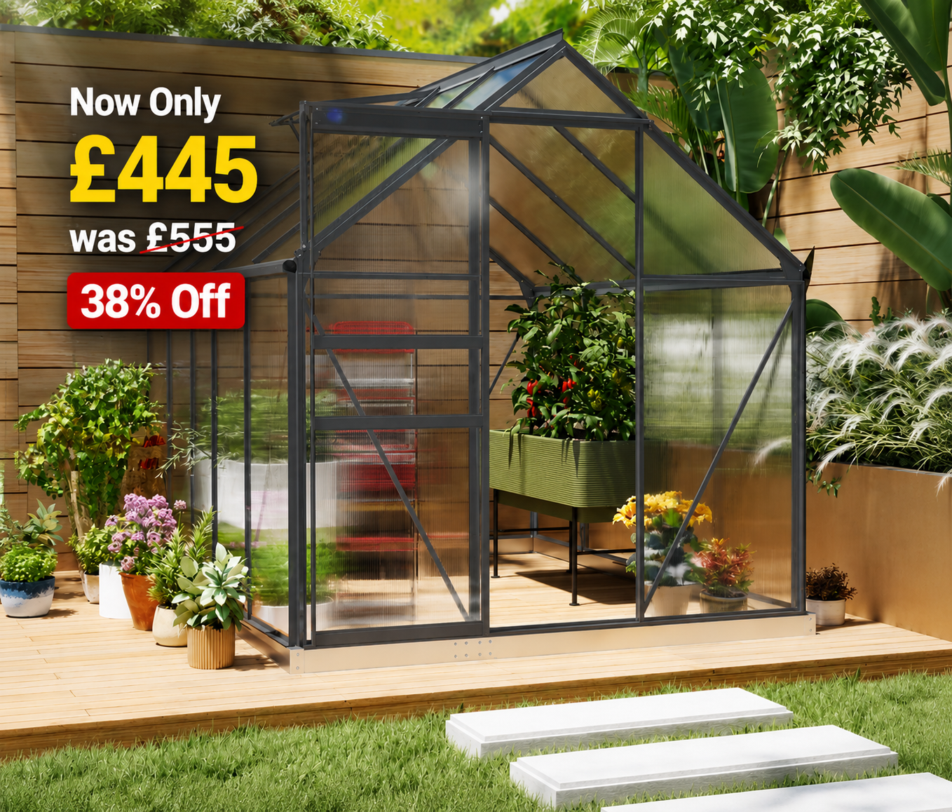 6 x 8ft Polycarbonate Greenhouse, Large Walk-In Greenhouse with Adjustable Roof Vent, Garden Green House with Galvanised Base, Sliding Door and Rain Gutter, Dark Grey
