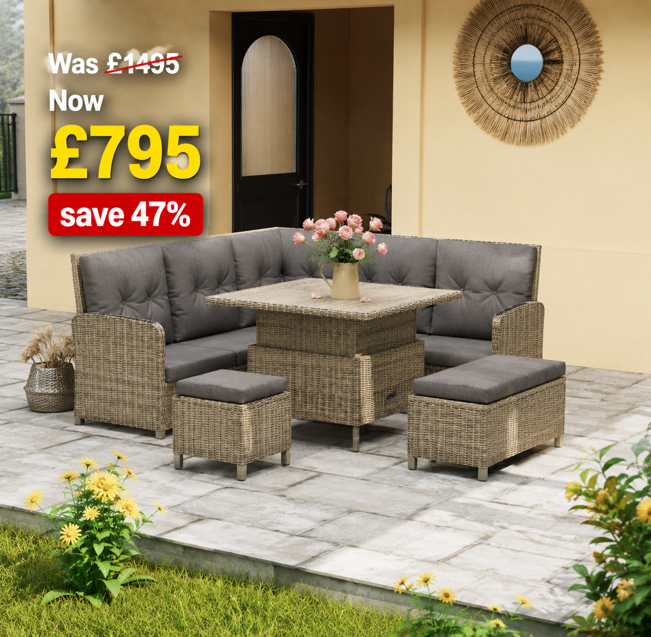 6 PCs Rattan Garden Furniture Sectional Corner Sofa, Light Grey