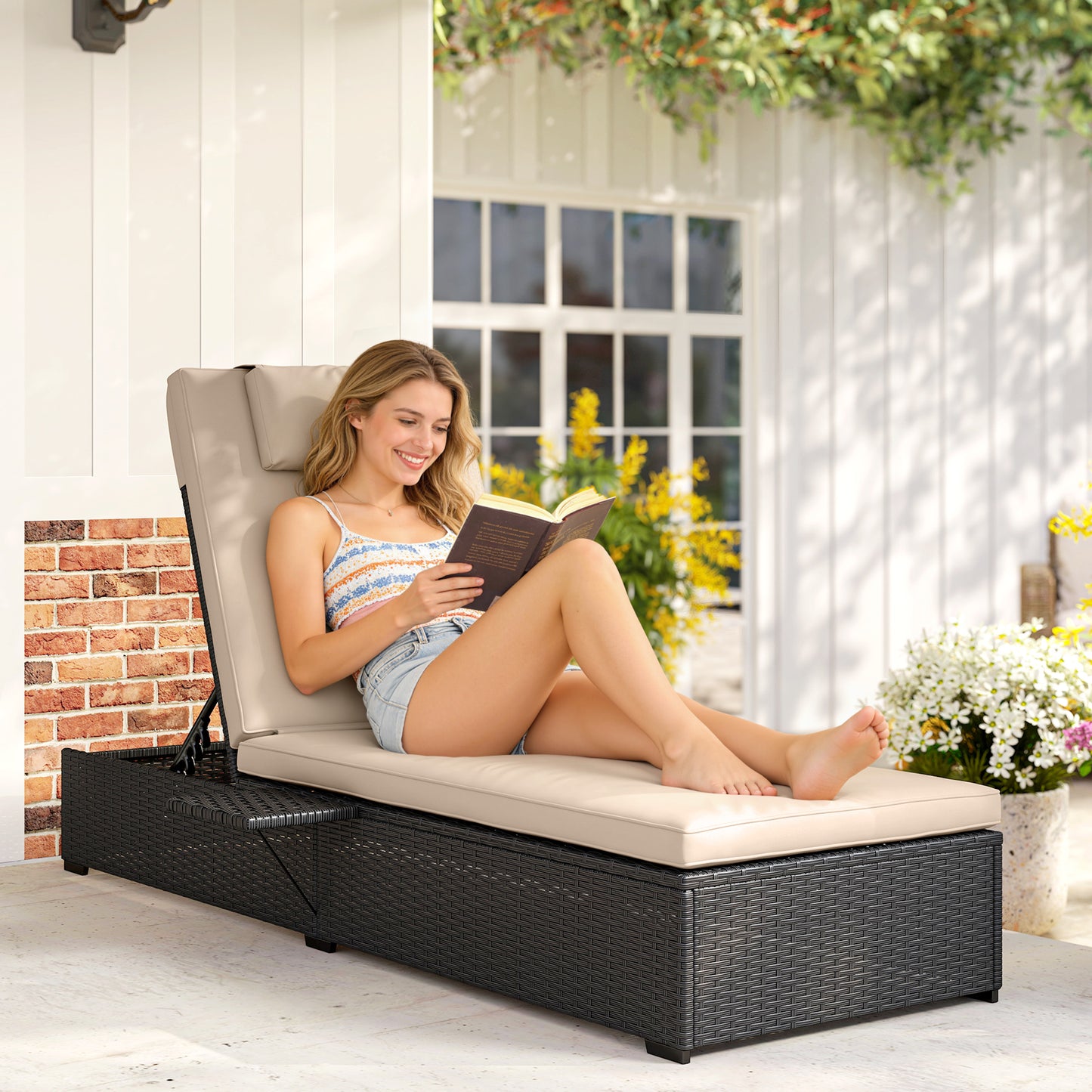Rattan Sun Lounger, Garden Recliner w/ 5-Level Back, Cushion, Black
