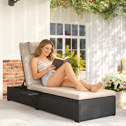 Rattan Sun Lounger, Garden Recliner w/ 5-Level Back, Cushion, Black