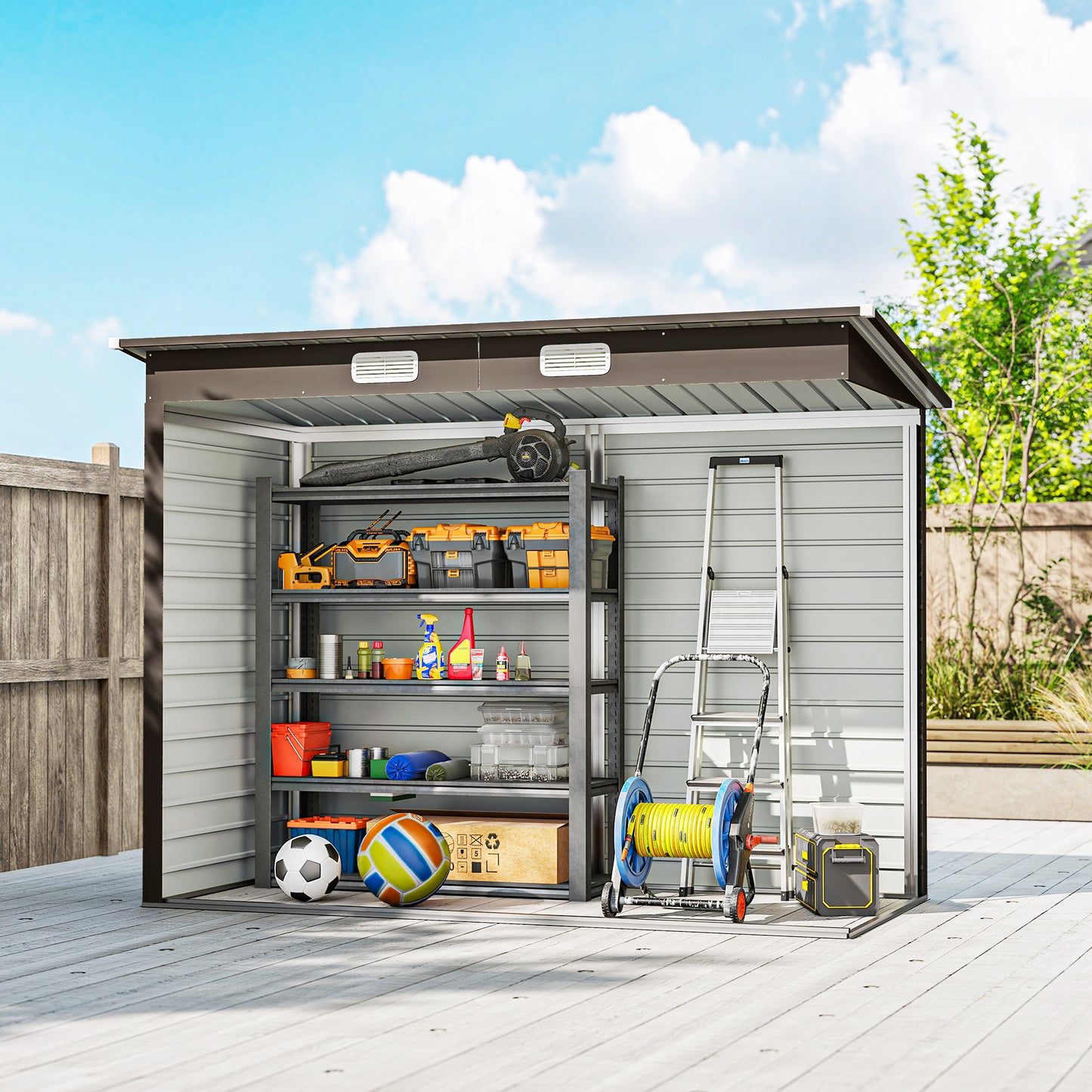8 x 4FT Metal Garden Storage Shed with Double Doors, Oak