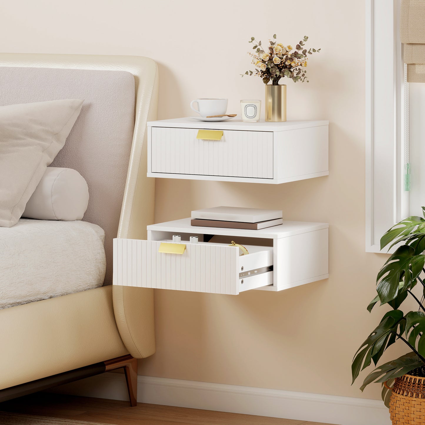 Floating Nightstands Set of 2 Bedside Tables w/ Wave Drawer White